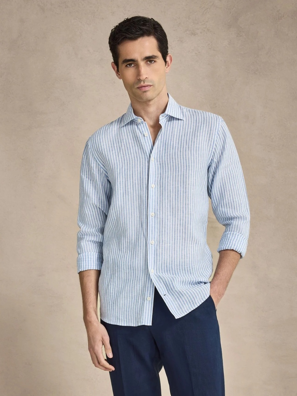 John Henric Blue Striped Linen Shirt Slim Fit